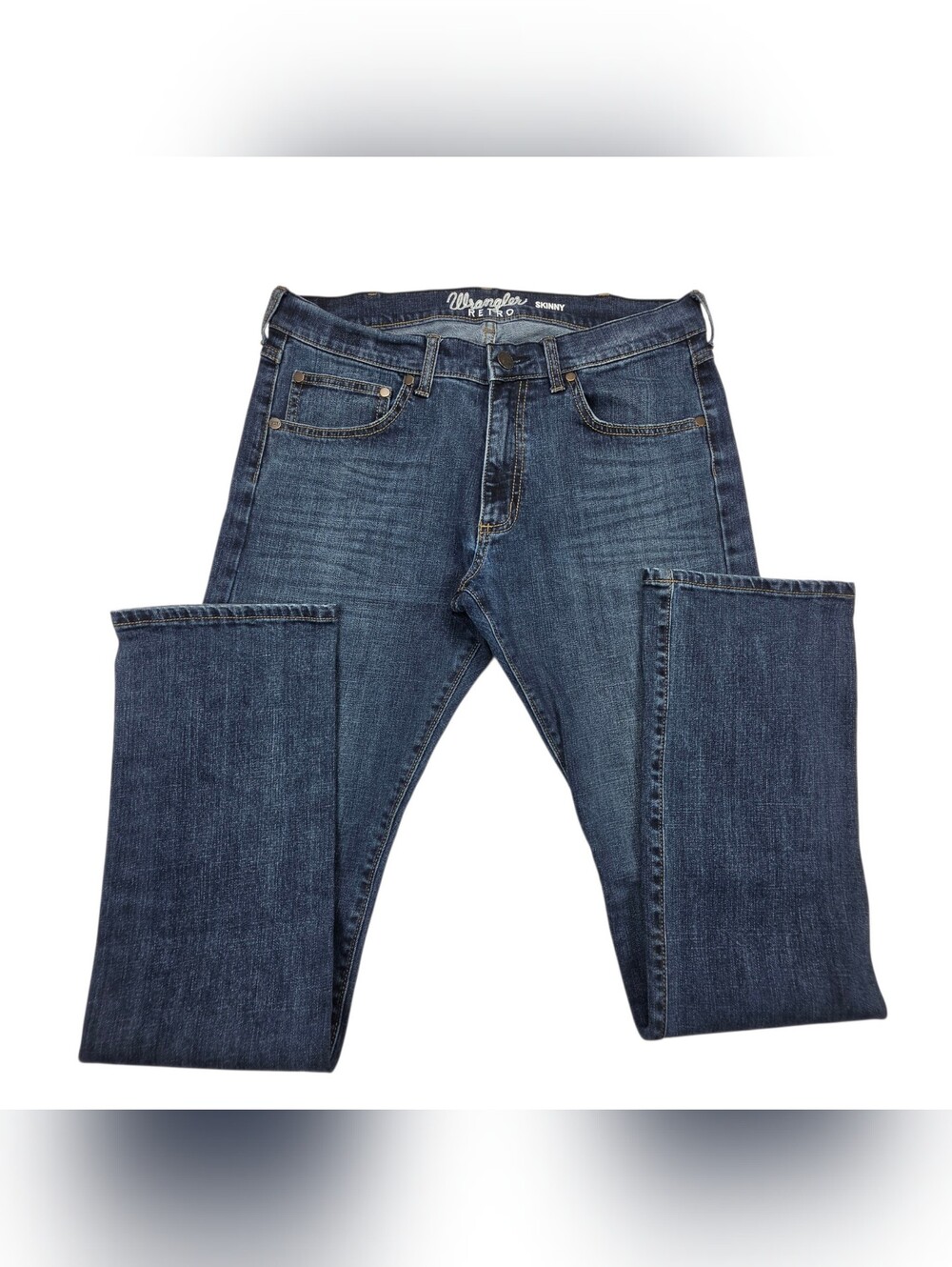 Wrangler Retro Jeans Mens 34x34 Blue Skinny Stretch Dark Wash Cowboy WRT40DP